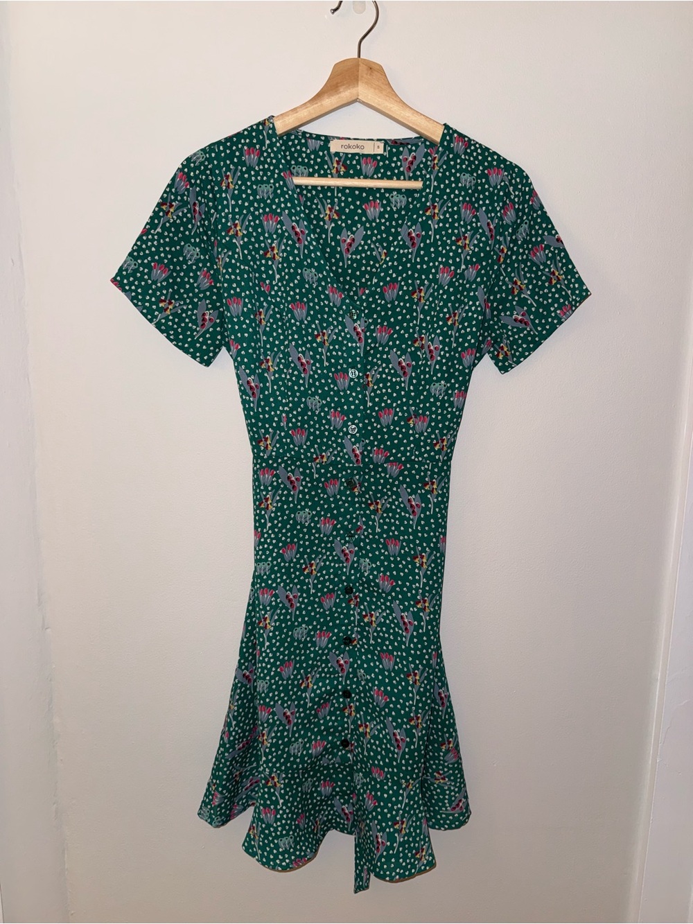 Green Floral V-Neck Short Sleeve Fit & Flare Dress by Rokoko